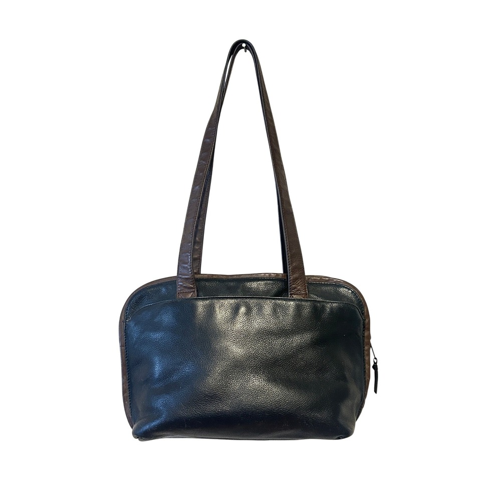 Vintage Orvis Shoulder Bag Purse Medium Black Brown Leather Two Tone Pebbled